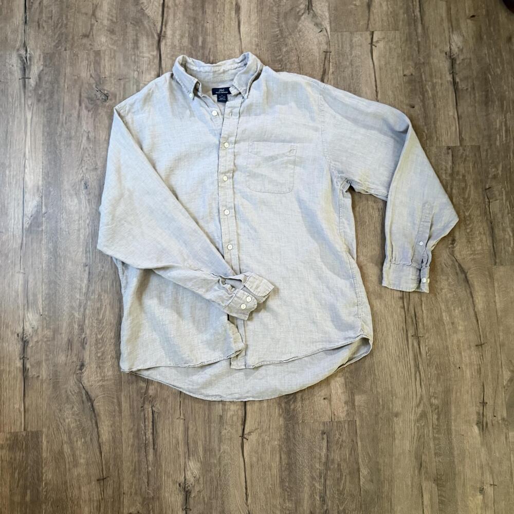 Brooks Brothers Shirt Mens Large Beige 100% Linen Button Up Long Sleeve Casual